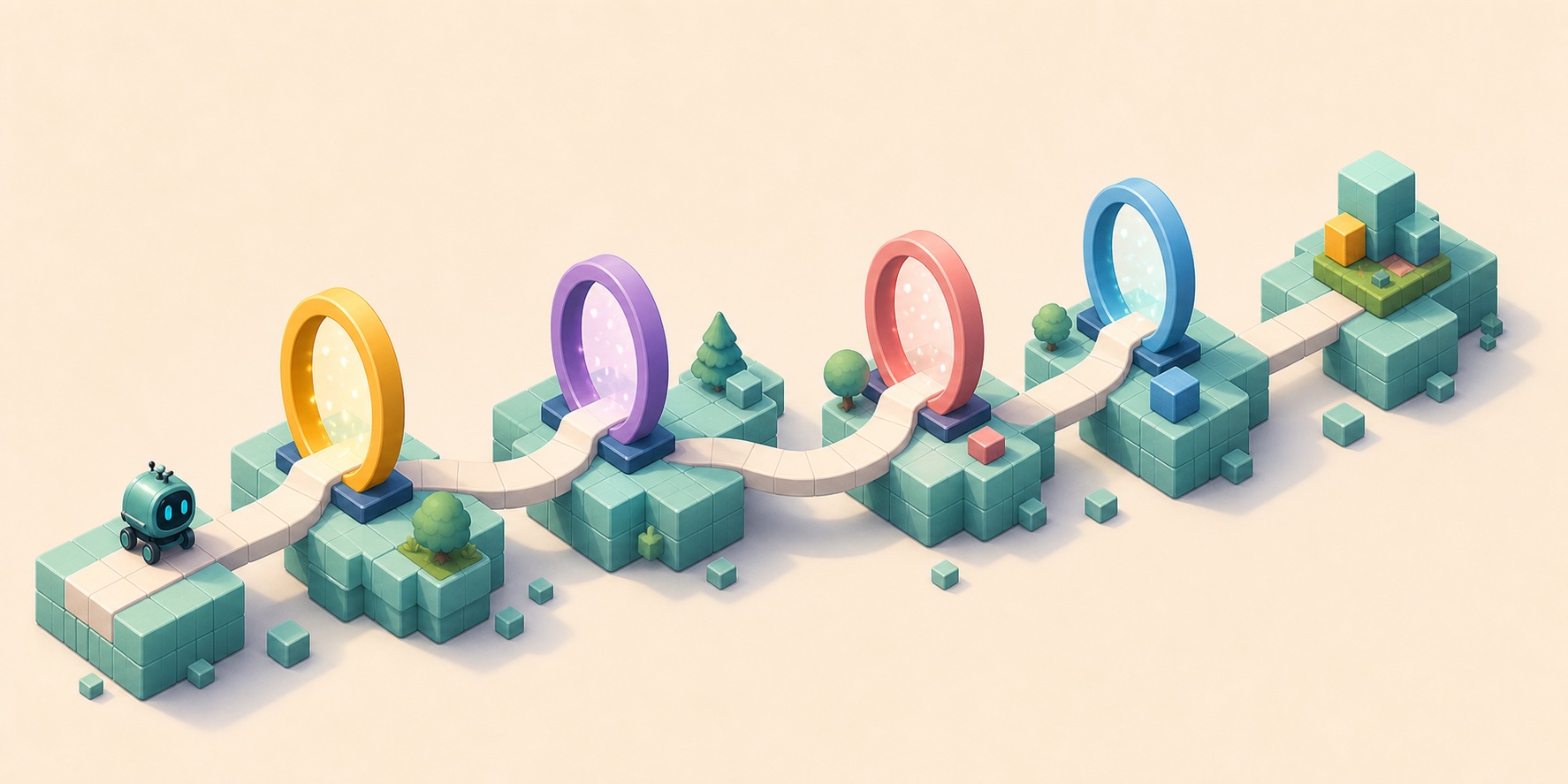 One path passing through colorful platform portals