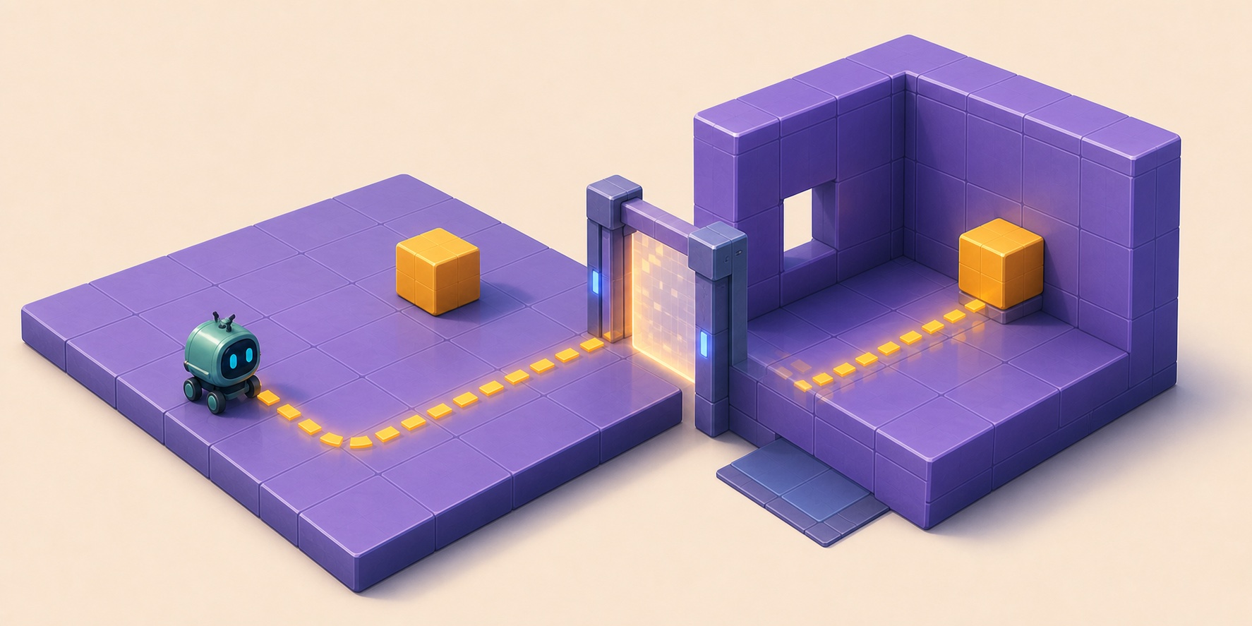 A route connecting a flat platform to a spatial room