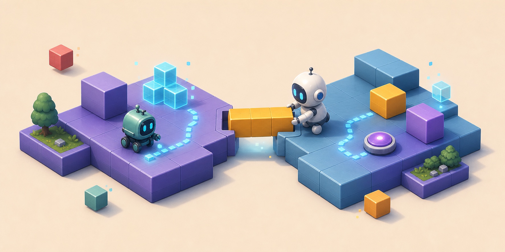 Two robots collaborating on a modular bridge
