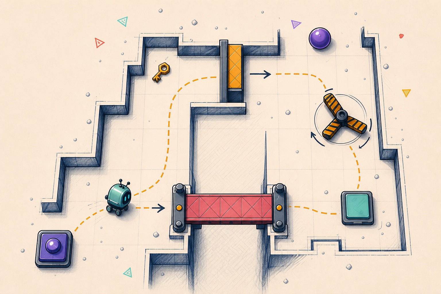 A robot navigating a hand-drawn game-rule maze