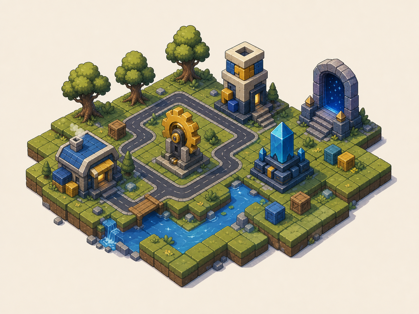A modular game world leading to a glowing portal